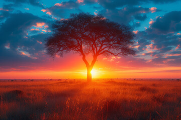 A vivid sunset over a savannah, casting warm hues across the grasslands and revealing the magical...