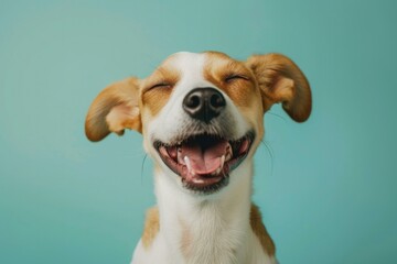 A dog is smiling and laughing in front of a blue background. Generative AI. - obrazy, fototapety, plakaty