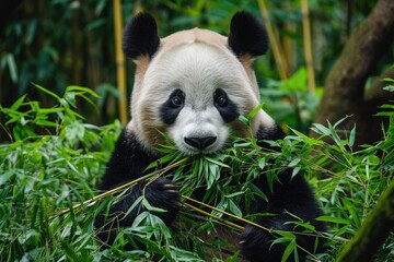 A panda bear is seen in a lush forest, actively feeding on bamboo, A panda munching on bamboo in a...