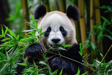 A panda bear peacefully munches on bamboo shoots in its natural habitat within a lush forest setting, A panda munching on bamboo in a Chinese bamboo forest, AI Generated