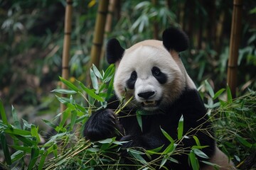 A panda, a black and white bear native to China, peacefully eats bamboo shoots in a dense bamboo forest, A panda munching on bamboo in a Chinese bamboo forest, AI Generated