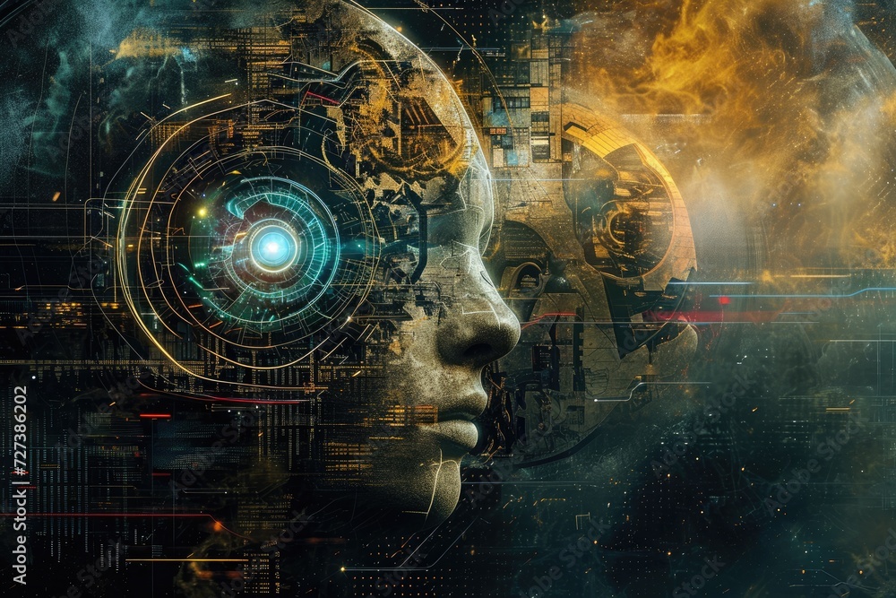 Poster a womans face stands out against a high-tech futuristic interface in the background, a parallel univ