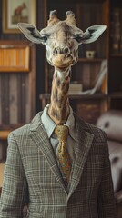 A giraffe wearing a suit and tie. Generative AI.