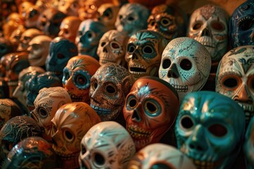 A photo showcasing a collection of skulls, each painted with a unique and vibrant color, A party scene filled with intricately designed Halloween masks, AI Generated