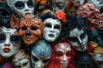 Obraz premium A diverse collection of masks in various colors and designs, each portraying a different facial expression, A party scene filled with intricately designed Halloween masks, AI Generated