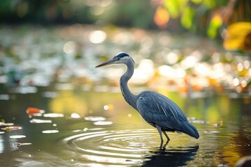 Naklejka premium A bird stands in a body of water, showcasing the natural behavior of the avian species in its environment, A patient heron standing in a serene pond, waiting for fish, AI Generated