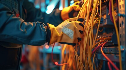 Close-up shot of an electrician carefully repairing wiring and electrical equipment.