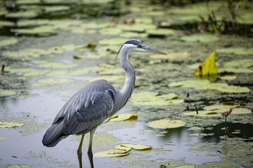 A bird stands in the water surrounded by lily pads, creating a serene and natural scene, A patient heron standing in a serene pond, waiting for fish, AI Generated