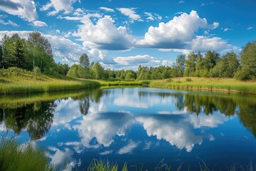 Fototapeta premium A picturesque lake with clear blue water located in a serene setting of vibrant green grass and towering trees, A peaceful pond reflecting a perfect summer sky, AI Generated