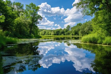 Fototapeta na wymiar A scenic view of a body of water with vibrant green trees enclosing the area, A peaceful pond reflecting a perfect summer sky, AI Generated