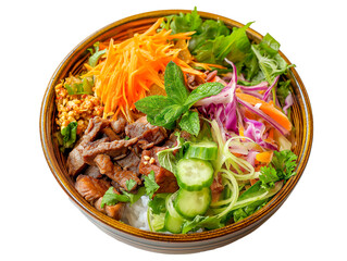 Bun Thit Nuong salad in a stone plate on a transparent background. PNG.