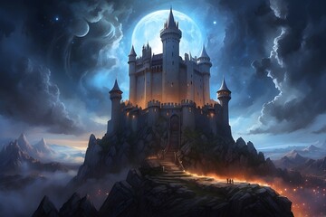 castle in the night, moonlight illuminating the castle