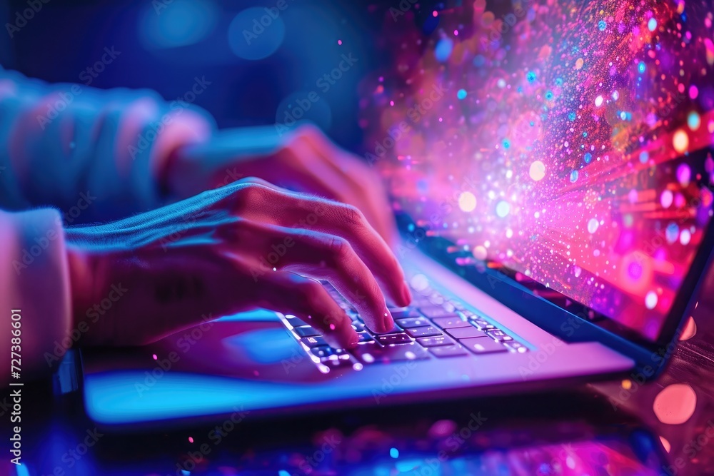 Poster a person sitting at a desk, typing on a laptop computer with focused concentration, a person using a