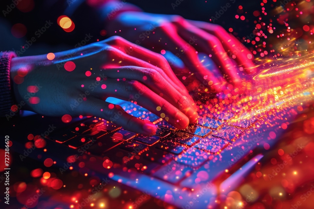 Poster a person is typing on a computer keyboard illuminated by vibrant colorful lights, a person using a c