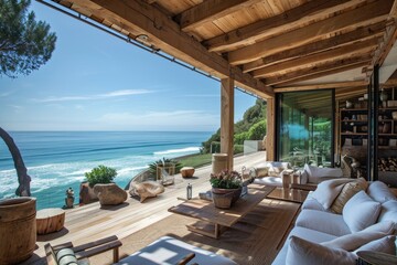 Obraz premium This photo showcases a spacious living room that offers a stunning view of the ocean through large windows, A picture-perfect beach house overlooking a serene ocean, AI Generated