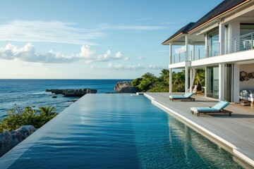 Fototapeta premium A spacious swimming pool, located just steps away from the ocean, offering a stunning view of the sea, A picture-perfect beach house overlooking a serene ocean, AI Generated