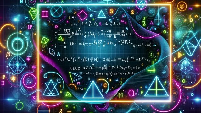 Math background with neon patterns and square frame.