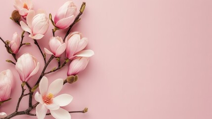 Branch of blooming magnolia on a pink background, place for text.