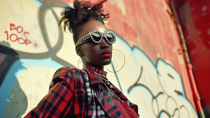 Obraz na płótnie Canvas Portrait of fashion African woman punk-style outfit on graffiti wall background