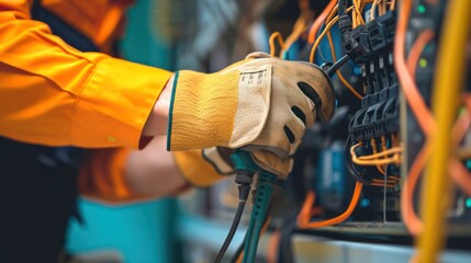 Close-up shot of an electrician carefully repairing wiring and electrical equipment.