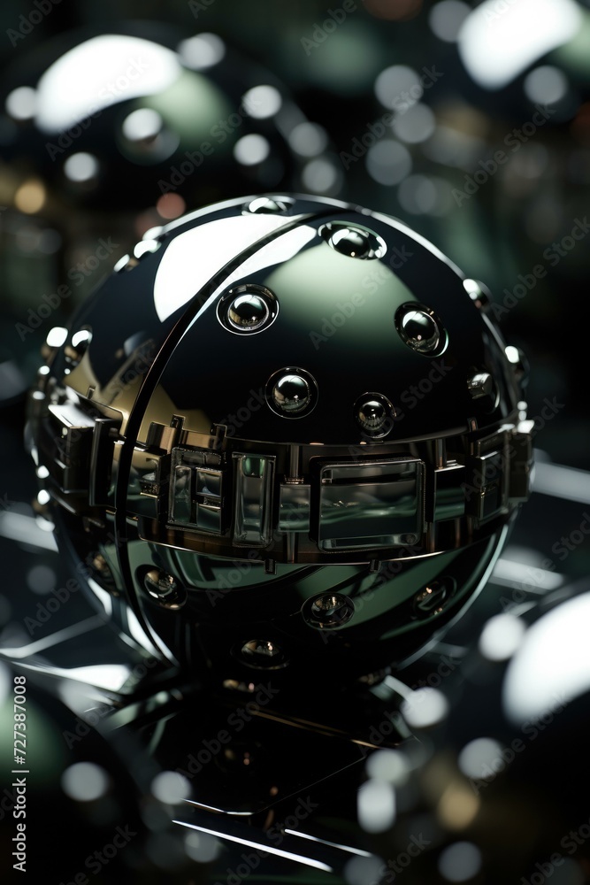Poster a mesmerizing black and silver sphere with intricate details and captivating hidden holes. generativ