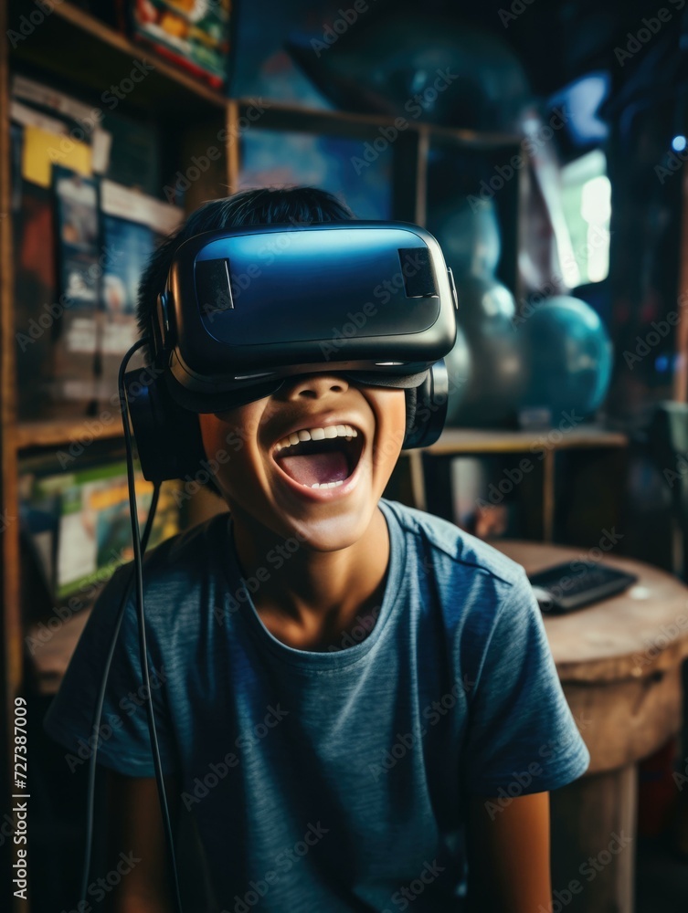 Canvas Prints A 12-year-old boy wearing a VR headset, immersed in a virtual world, with a joyful smile. Generative AI.