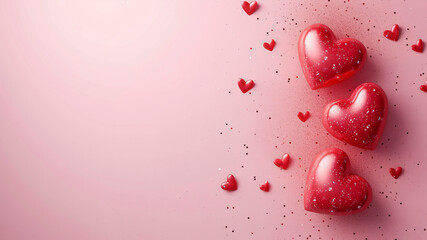 Three-dimensional pink hearts on a romantic pink background. Free space.