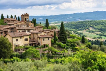 Fototapeta na wymiar A large building with a tower gracefully positioned on a vibrant green hillside in a picturesque setting, A quaint village nestled in the rolling hills of Tuscany, AI Generated