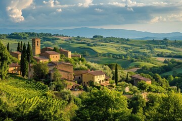 A small community nestled on a hill, encircled by a dense forest of trees, A quaint village nestled in the rolling hills of Tuscany, AI Generated