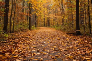 Naklejka premium Scenic Dirt Road Encircled by Tree Canopy and Fallen Leaves, A quiet forest trail covered with autumn leaves, AI Generated