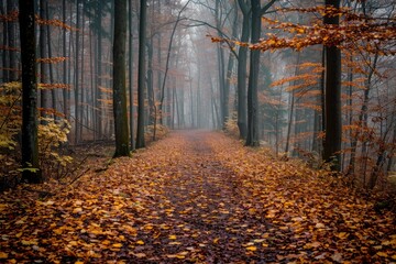 A forest path meanders through a dense tree canopy, covered in a profusion of fallen leaves, A quiet forest trail covered with autumn leaves, AI Generated