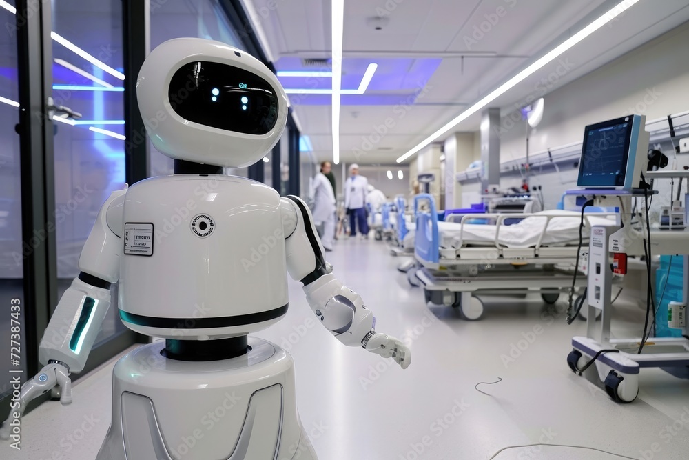 Poster a robot is standing alone in a hospital hallway, ready to assist with its programmed functionalities