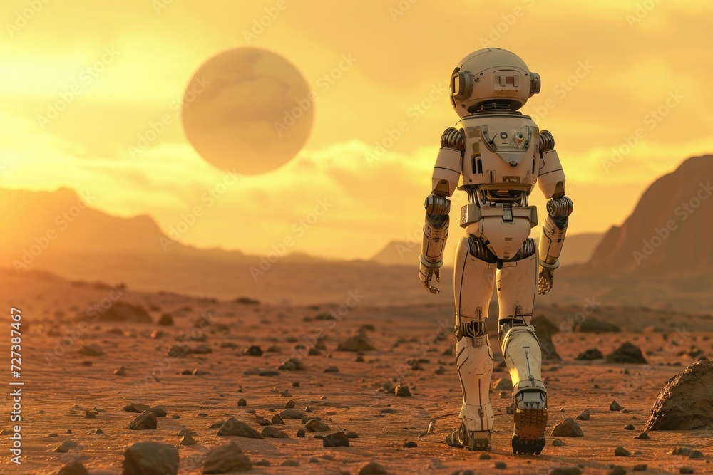 Poster a robot steadily walks across a barren desert landscape dotted with rocks, showcasing its ability to