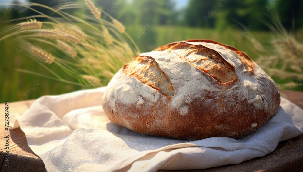 Poster bread on a table with wheat in the background. generative ai.
