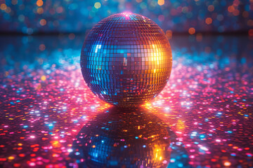 Fototapeta na wymiar A snapshot of a disco ball reflecting colorful lights on a dance floor, capturing the vibrant energy of 70s dance clubs. Concept of disco nostalgia. Generative Ai.