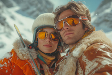 A couple dressed in retro ski gear, posing on the slopes with vintage skis, embodying the nostalgia of winter sports in the 60s. Concept of retro skiing. Generative Ai.