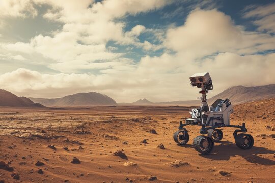 An image of a Mars rover navigating the barren landscape of the desert, A robot exploring a desolate Martian landscape, AI Generated