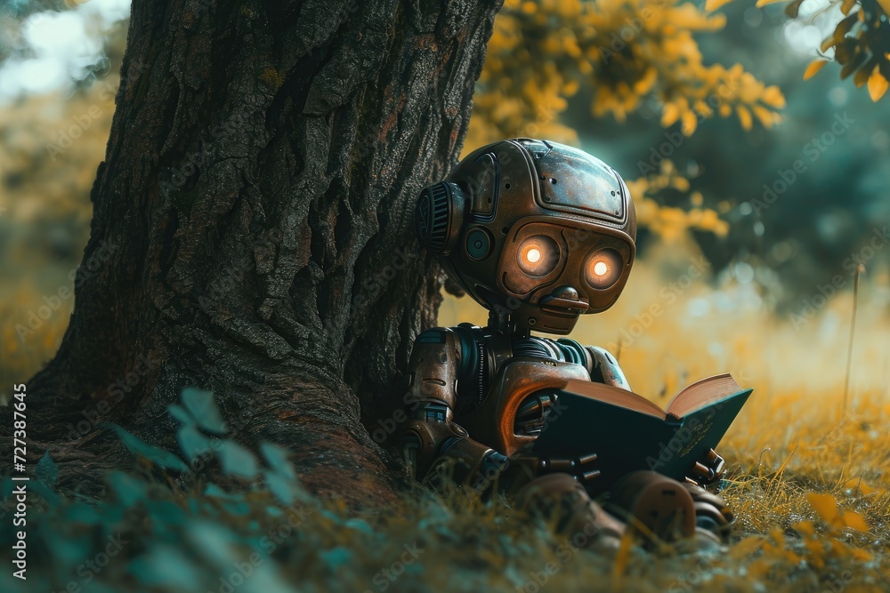 Poster a robot is seen reading a book underneath a tree, engrossed in its study, a robot sitting under a tr
