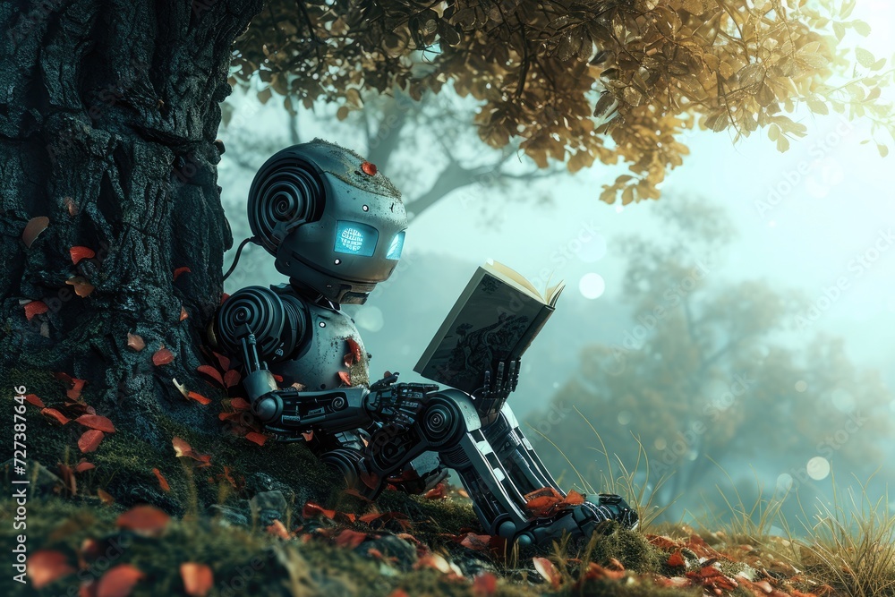 Poster a robot is seen sitting under a tree, engrossed in reading a book, a robot sitting under a tree and 