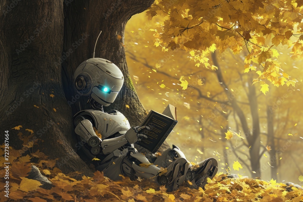 Poster A robot sits under a tree, engrossed in reading a book, A robot sitting under a tree and reading a book, AI Generated