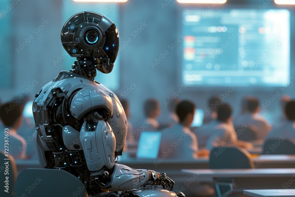Poster a robot seated at the front of a classroom, surrounded by engaged students, during a lesson, a robot