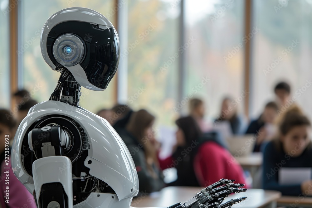 Poster a robotic device is sitting atop a table in a classroom, displaying its technological presence, a ro