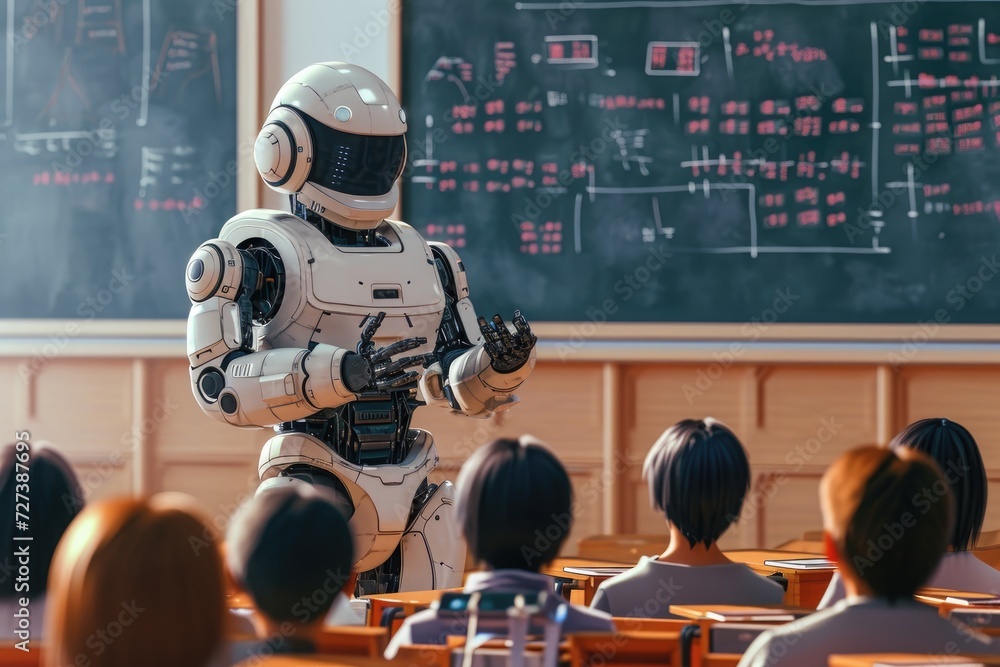 Poster a robot stands in the front of a classroom filled with students, engaging in a learning activity, a 