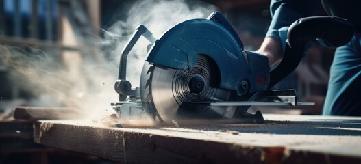 A person is cutting wood with a circular saw. Generative AI. - Powered by Adobe