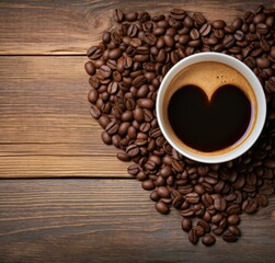 Coffee beans and heart shape cup of coffee on wooden background. Generative AI.