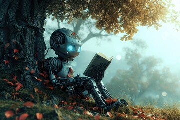 A robot is seen sitting under a tree, engrossed in reading a book, A robot sitting under a tree and reading a book, AI Generated