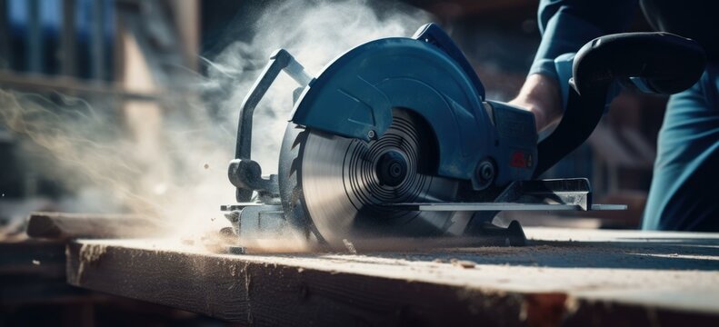A person is cutting wood with a circular saw. Generative AI.