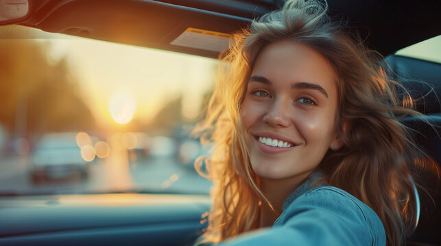 Beautiful Elegant Woman Driving A Car, Ai