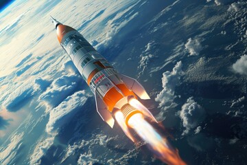 A rocket is soaring through the atmosphere above the Earth, exhibiting extraordinary speed and power, A rocket labeled 'Inflation' shooting off into space, AI Generated