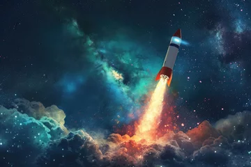 Fotobehang A powerful rocket launches into the dark night sky, leaving behind a fiery trail as it ascends, A rocket labeled 'Inflation' shooting off into space, AI Generated © Ifti Digital